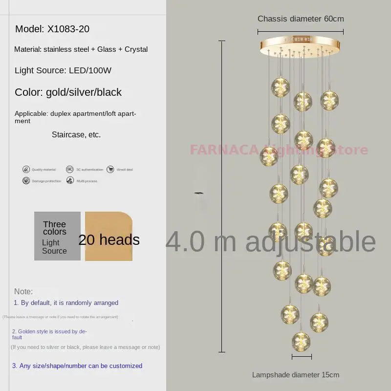 Remote control stair chandelier Nordic creative duplex dining room light lift high living room, apartment decorative chandelier - vue 14 sur 20