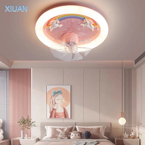 Creative LED Ceiling Light with Fan Pink Princess Children's Room Bedroom Ceiling Fan Resin Unicorn Rainbow Remote Control 220V - vue 3 sur 7