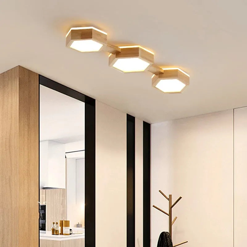 Plafonnier en bois nordique minimaliste 3 têtes hexagonales couloir décor à la maison luminaires pour chambre allée hôtel salon éclairage