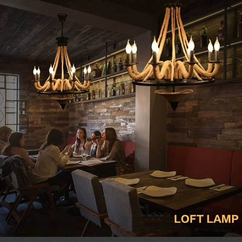 lustre loft américain en bois avec corde de chanvre industrielle