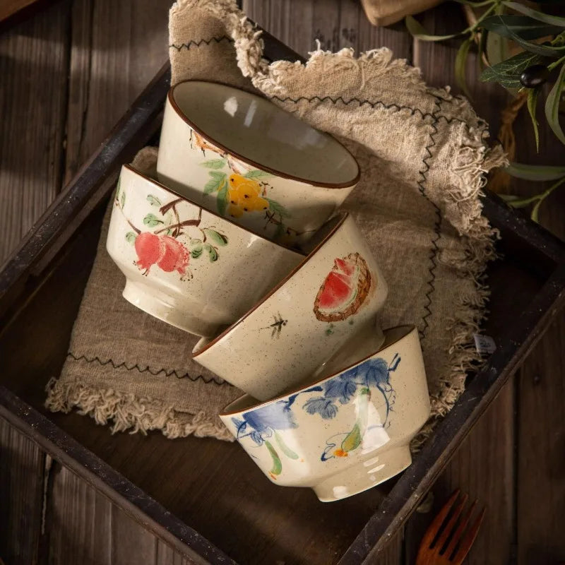Bol céramique rétro motif champêtre nouilles soupe dessert