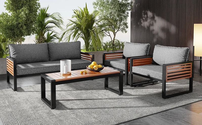 salon de jardin 4 pièces avec canapé et chaises en fer galvanisé