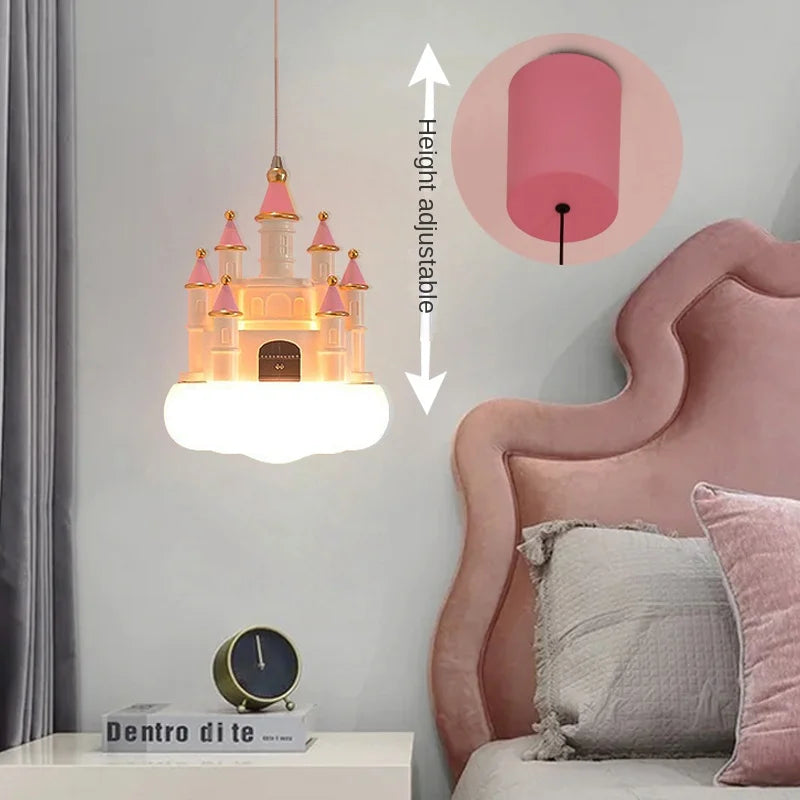 SANDYHA Lustre Chambre de Fille Château Rose Suspension Nuage Chambre d'enfant Décoration de la Maison Chevet LED Luminaire Suspendu