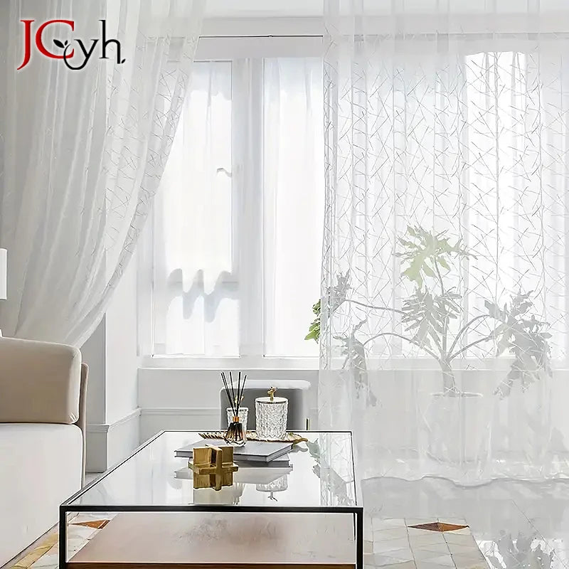 Voilage tulle a motifs rayures style moderne salon - vue 4 sur 7