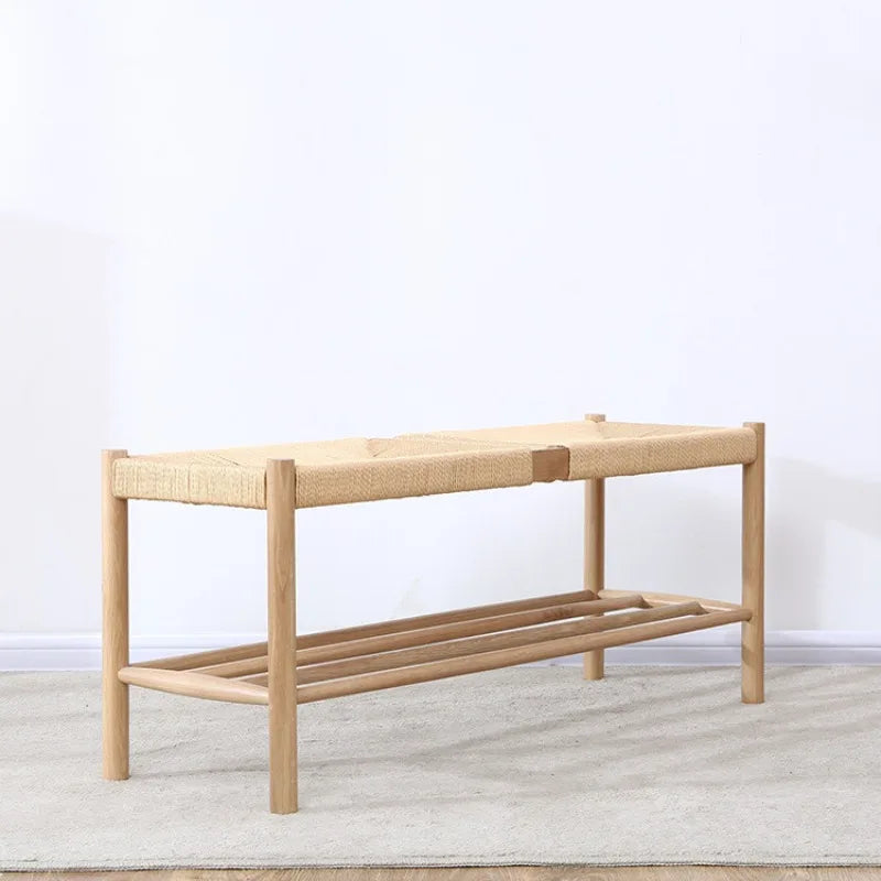 banc nordique en bois massif avec corde tressée design simple - vue 3 sur 6