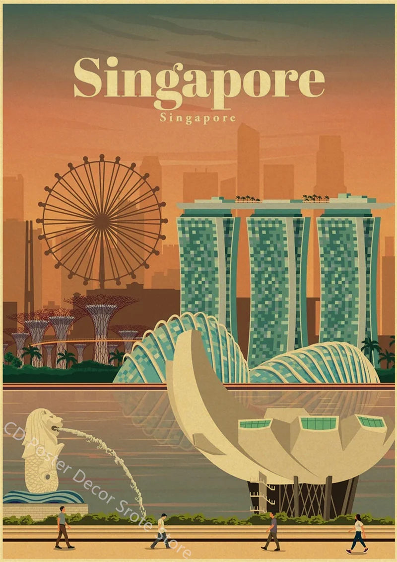 affiche rétro des villes du monde pour décoration murale