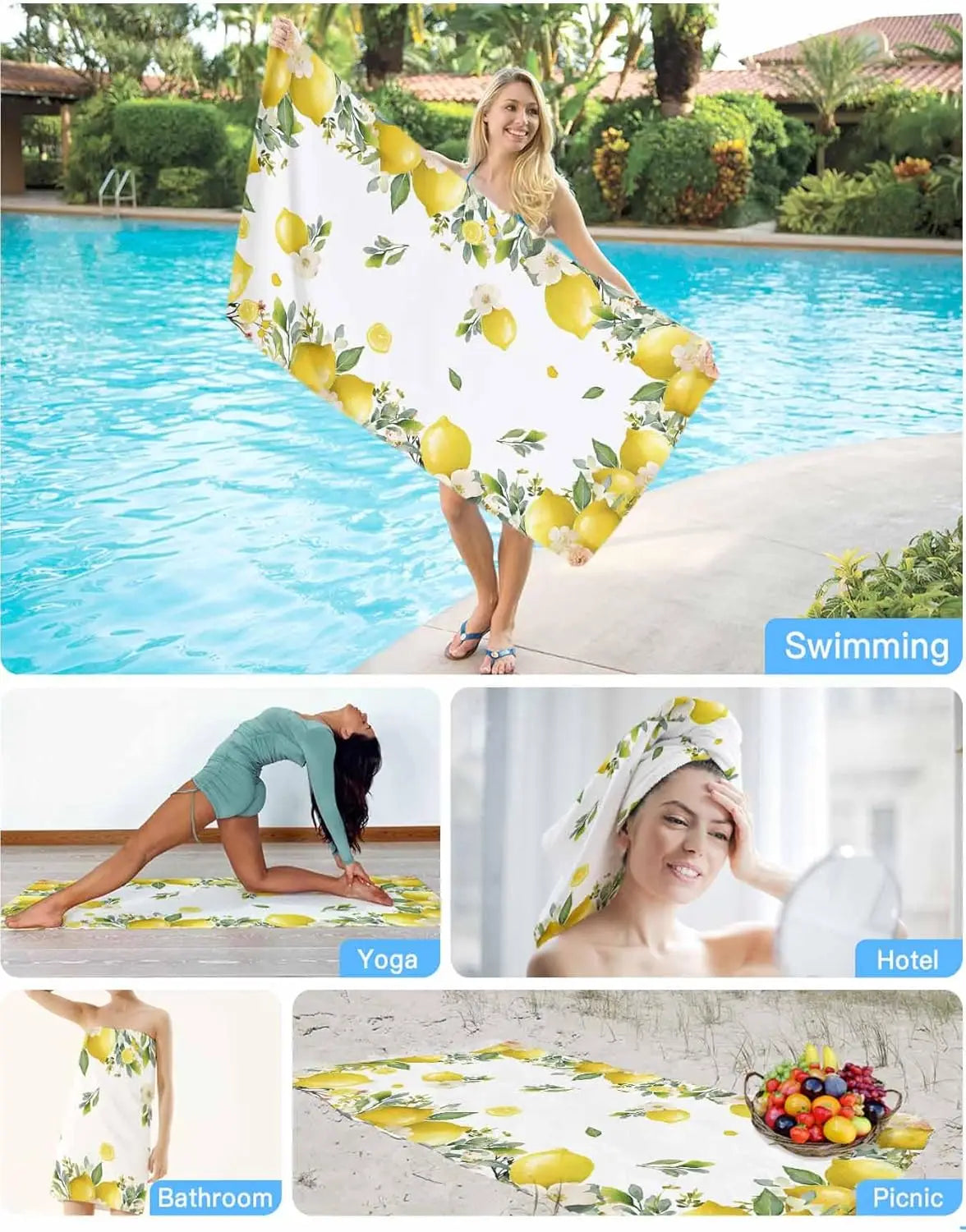 Serviette de bain microfibre citron floral plage absorbante - vue 6 sur 6