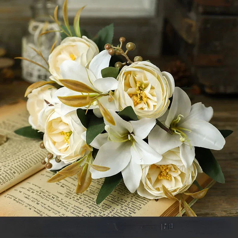 bouquet de pivoines et lys en soie pour saint-valentin