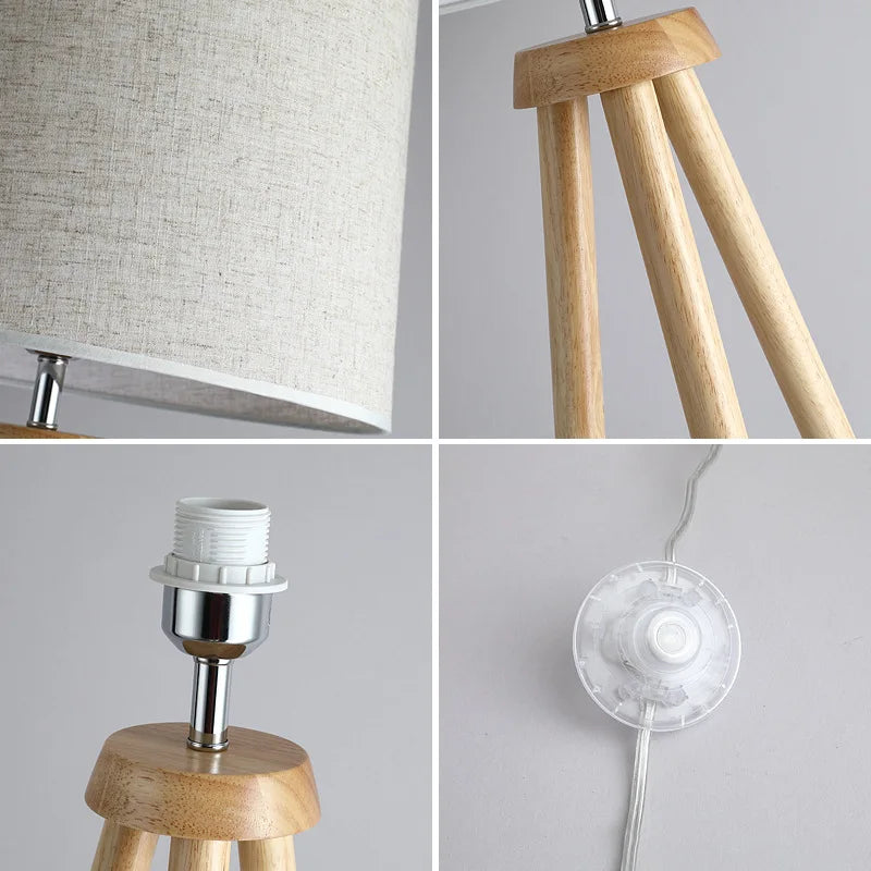 Nordique bois art bois massif lampadaire tissu art abat-jour salon chambre chevet décoration de la maison moderne lampadaire LED - vue 8 sur 7