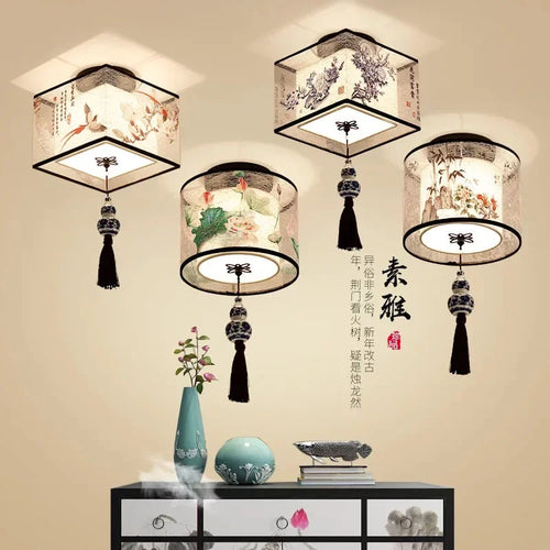 lustre chinois créatif lotus éclairage suspendu peinture décorative - vue 2 sur 27