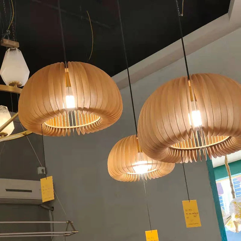 suspension LED en bois en forme de citrouille design moderne fait à la main - vue 4 sur 19