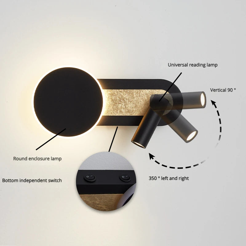 applique murale led nordique moderne rotative 350° avec interrupteur