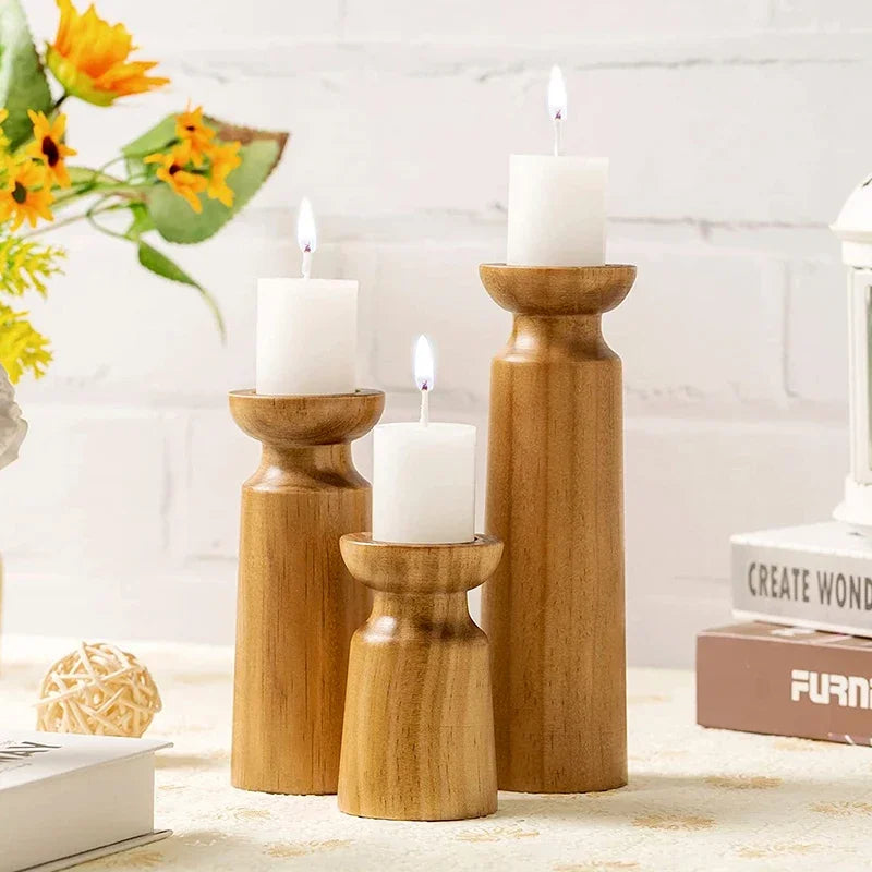 lot de 3 bougeoirs en bois naturel pour décoration rétro de mariage - vue 4 sur 6