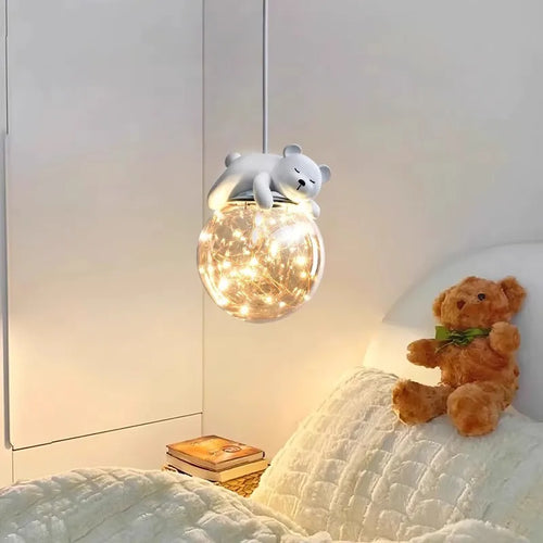 Simple moderne mignon enfants chambre lustres blanc ours lapin lampes bébé chambre fille garçon chambre chevet lustre lumières en verre