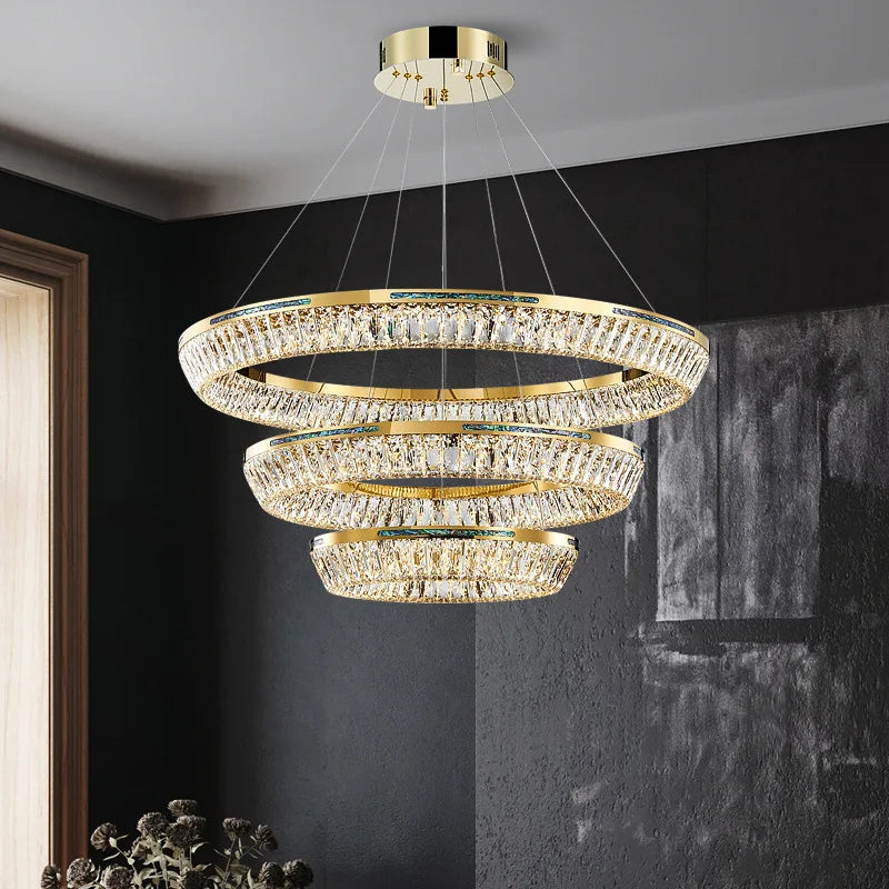 lustre moderne en cristal et cuivre trois couches éclairage intérieur - vue 2 sur 14