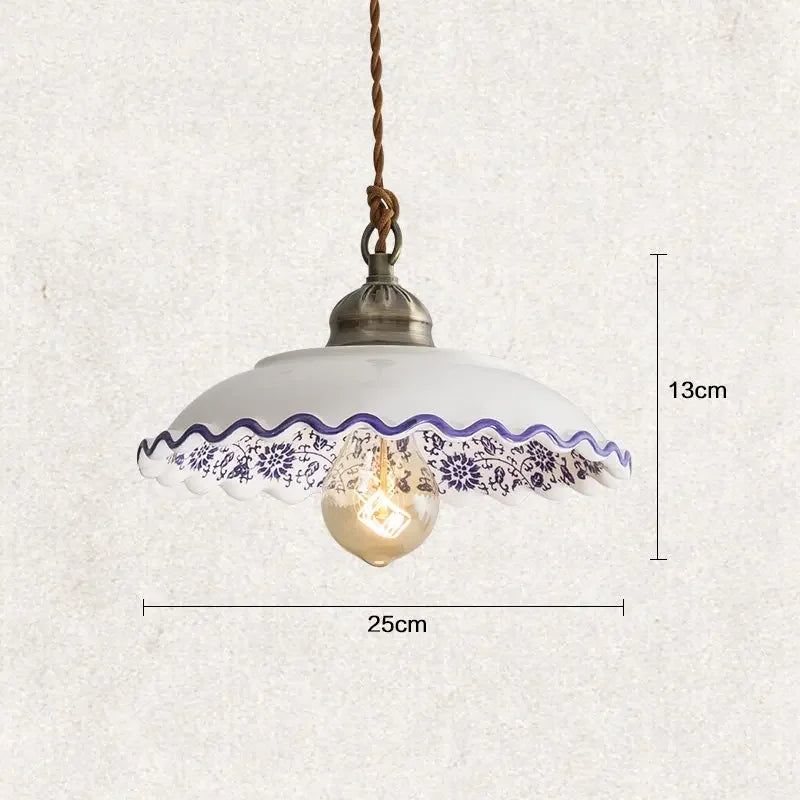 Lustre Suspension Avec Chaîne Et Céramique Blanc Bordure Bleu
