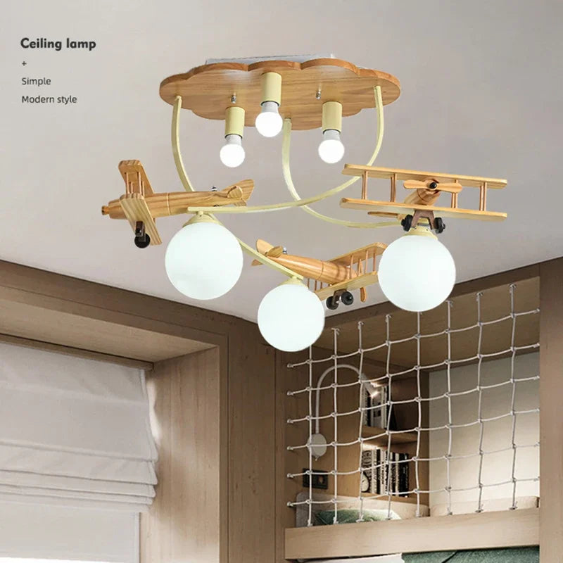 lustre en bois avion pour chambre d'enfant plafonnier led - vue 4 sur 7