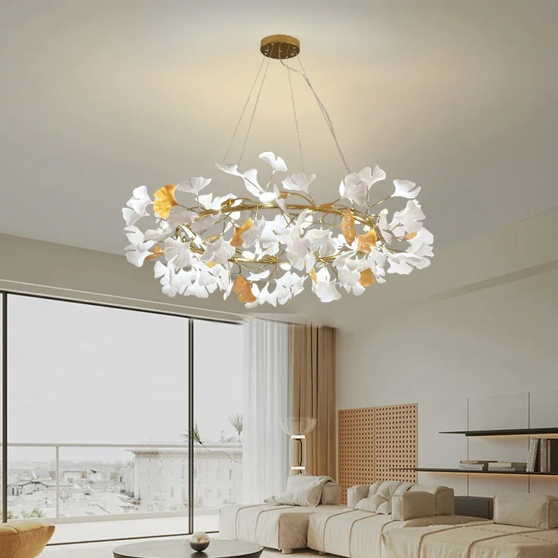 Nordique feuille de gingko LED lustre moderne cuisine salon chambre salle à manger rond intérieur loft plafond suspension
