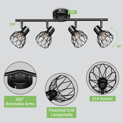 Plafonnier LED 4 voies rotatif - Lumières noires/blanches - Luminaires de plafond - Cage métallique pour plafond E14 - Spot de plafond - vue 6 sur 8