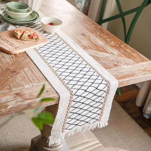 Chemin de table bohème coton lin pompons beige