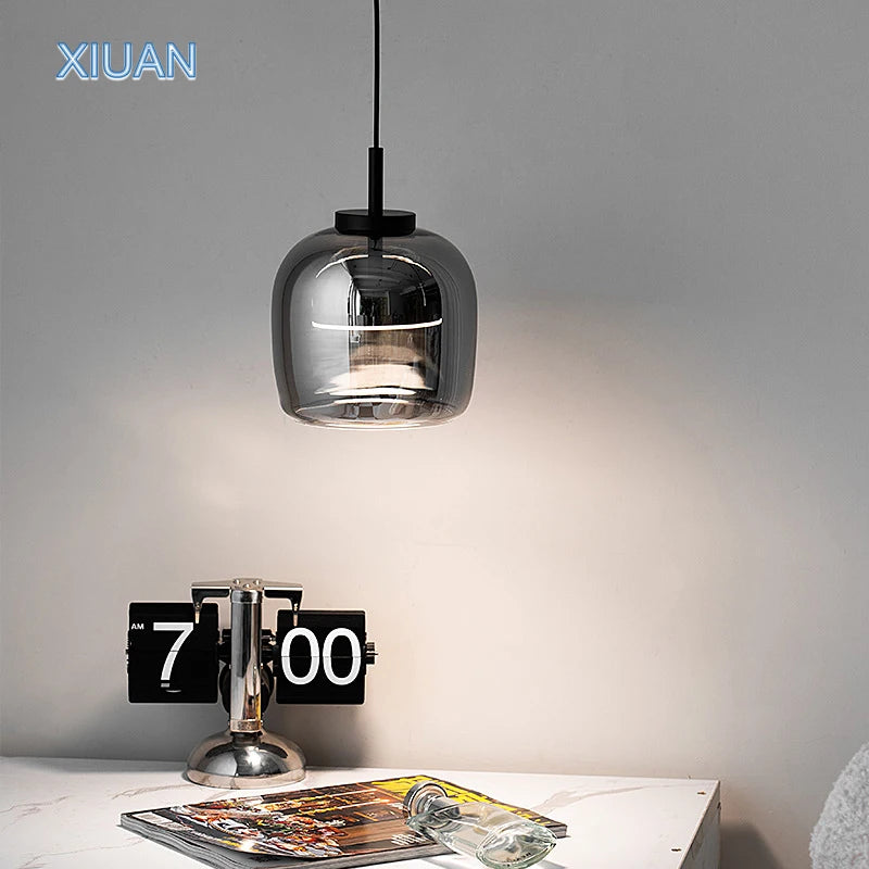 XIUAN Suspension en verre simple pour luminaires de chevet de chambre à coucher Éclairage de lustre en verre gris fumé dans le salon salle à manger