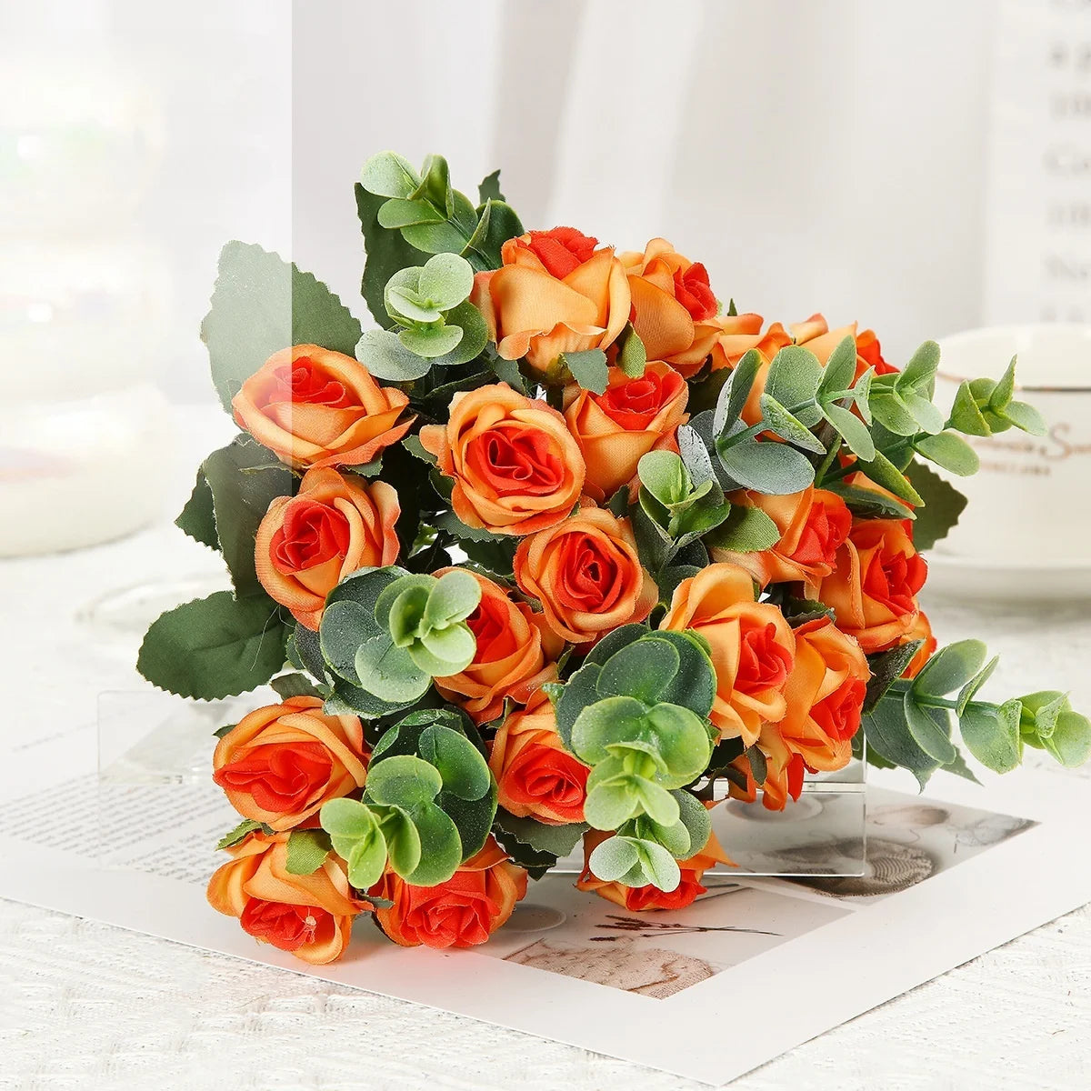 lot de 10 roses artificielles bouquet avec eucalyptus et pivoines décoratif - vue 8 sur 10