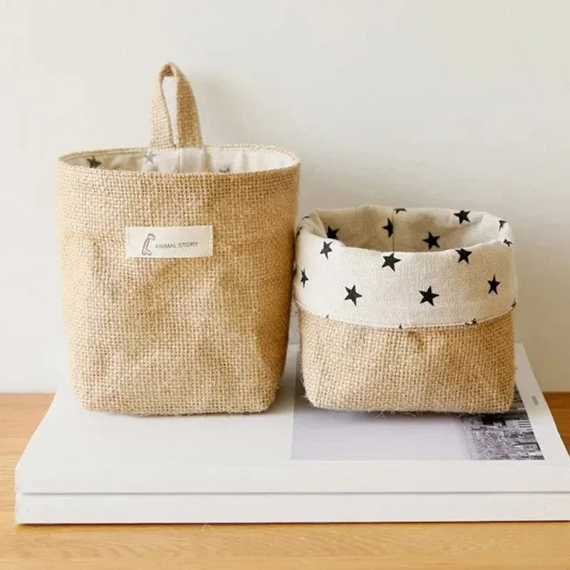 panier de rangement en coton et lin avec poignée - vue 4 sur 16