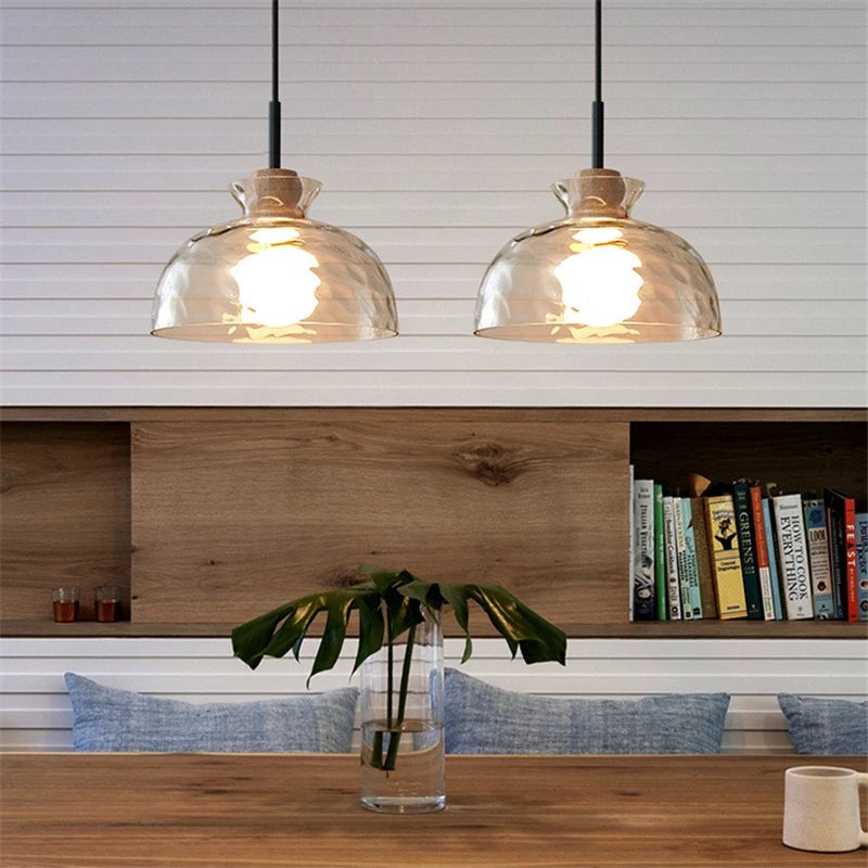suspension led en verre grain d'eau et bois nordique rétro