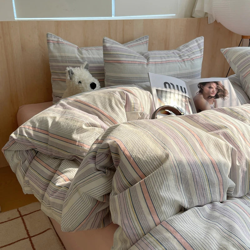 housse de couette rayée rose en coton pour chambre fille