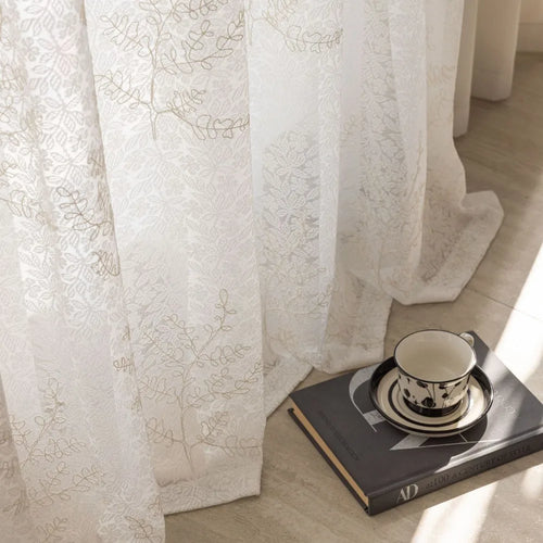 Voilage tulle brodé motifs feuilles pour salon chambre