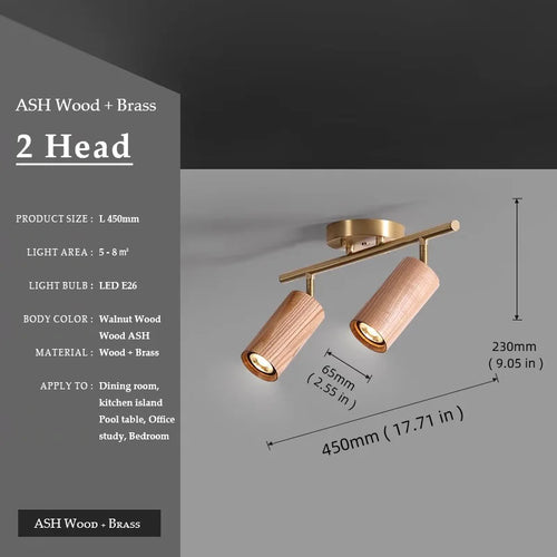 Walnut Wood Brass Spotlight Ceiling Light Fixture, Living Room Light for Dining Room, Kitchen Island, Corridor aisle, bedroom - vue 10 sur 14