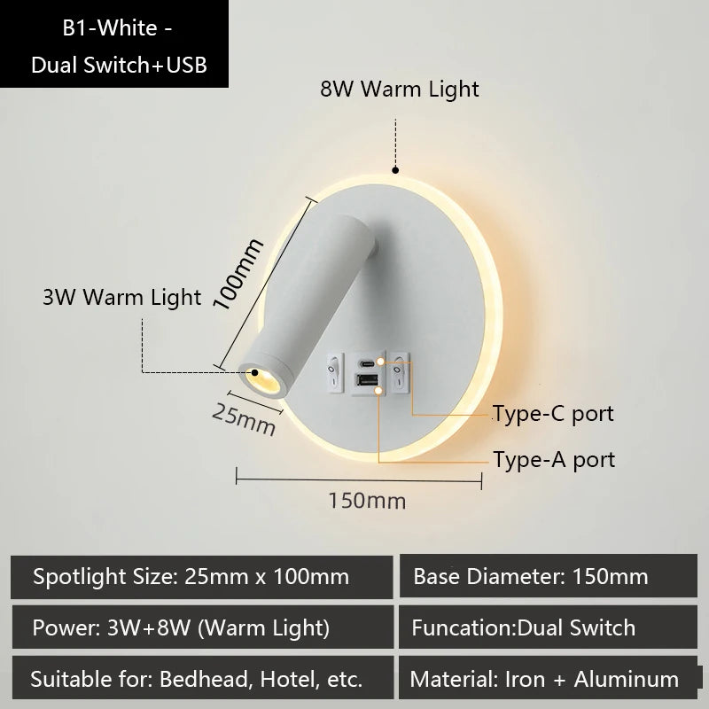 applique murale led moderne avec ports usb et lampes de lecture réglables - vue 9 sur 16