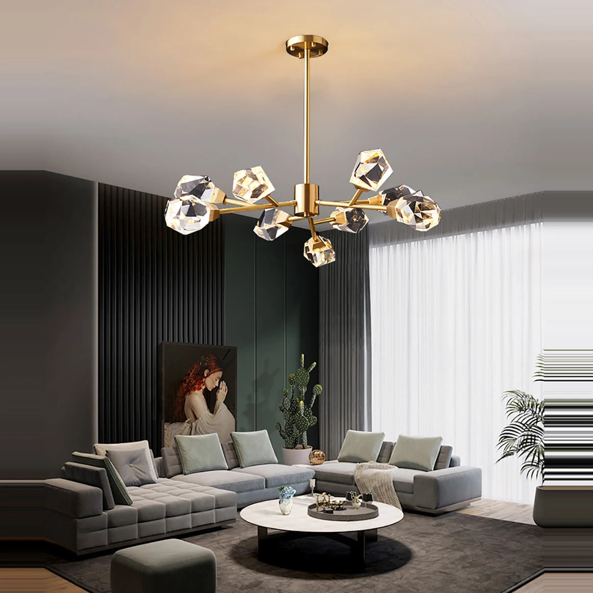 lustre moderne en laiton diamant cristal led de luxe - vue 3 sur 18
