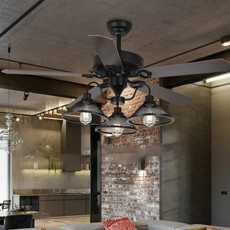 lustre industriel rustique avec 3 lumières et télécommande - vue 5 sur 6