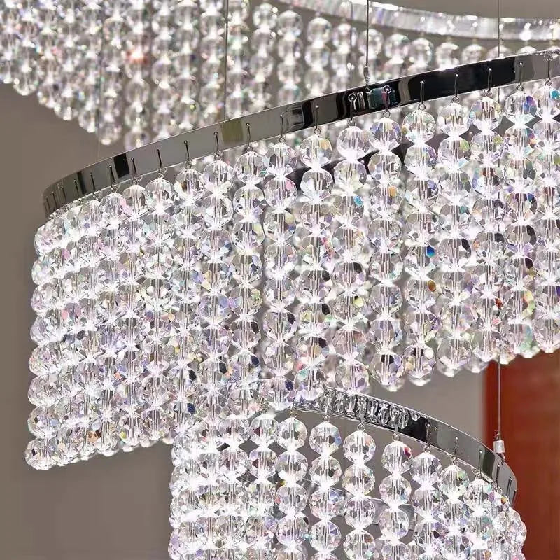 Escalier de luxe LED en Cristal lustre pour salon hall grand anneau moderne Cristal suspendu éclairage Chrome longue lampe d'intérieur