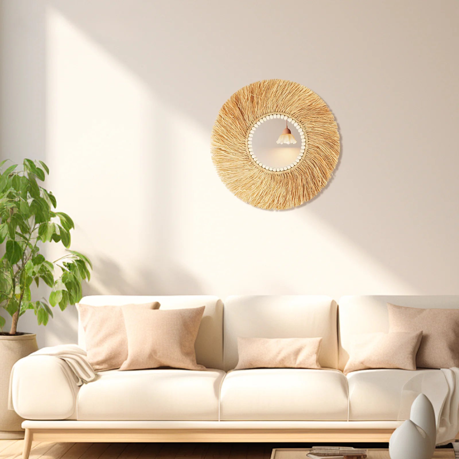 miroir décoratif en perles de bois et bambou fait main - vue 5 sur 7