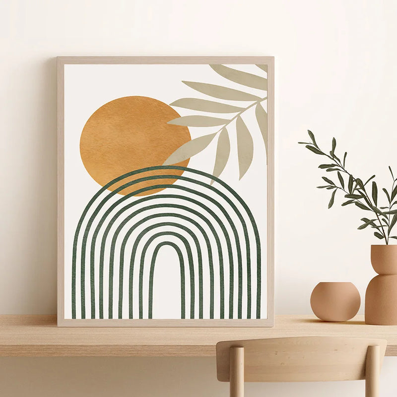 art mural abstrait boho avec fleurs lune et soleil