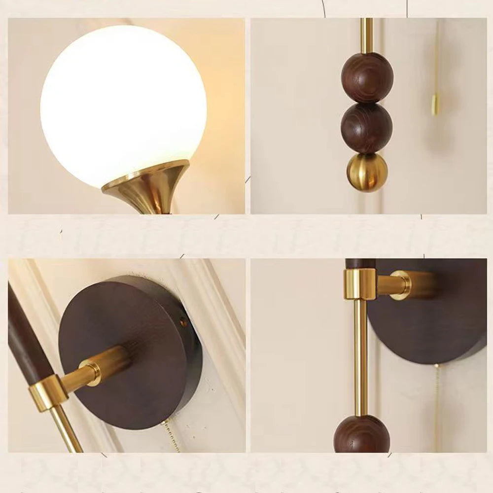 applique murale vintage en bois et verre avec interrupteur à câble - vue 5 sur 9