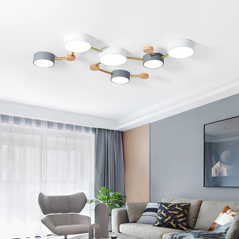 plafonnier nordique led bois macaron 3-8 têtes éclairage décoratif - vue 5 sur 10