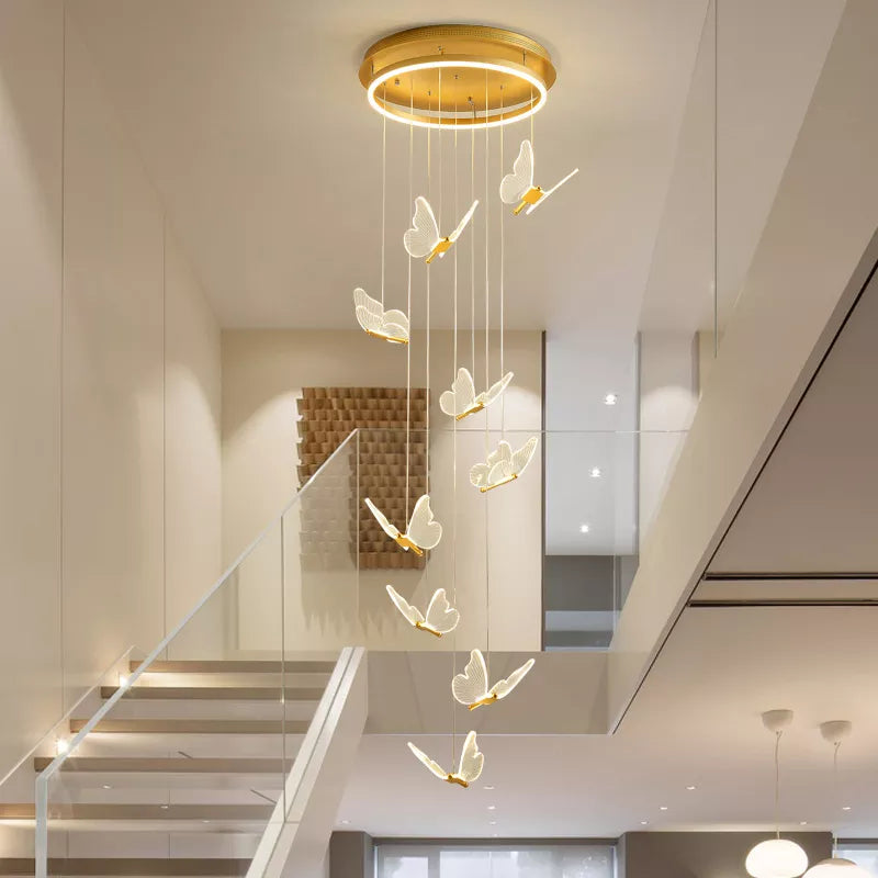 Nouveau lustre d'escalier moderne acrylique forme de papillon Duplex salon salle à manger Art LED lustre d'escalier lustre en cristal