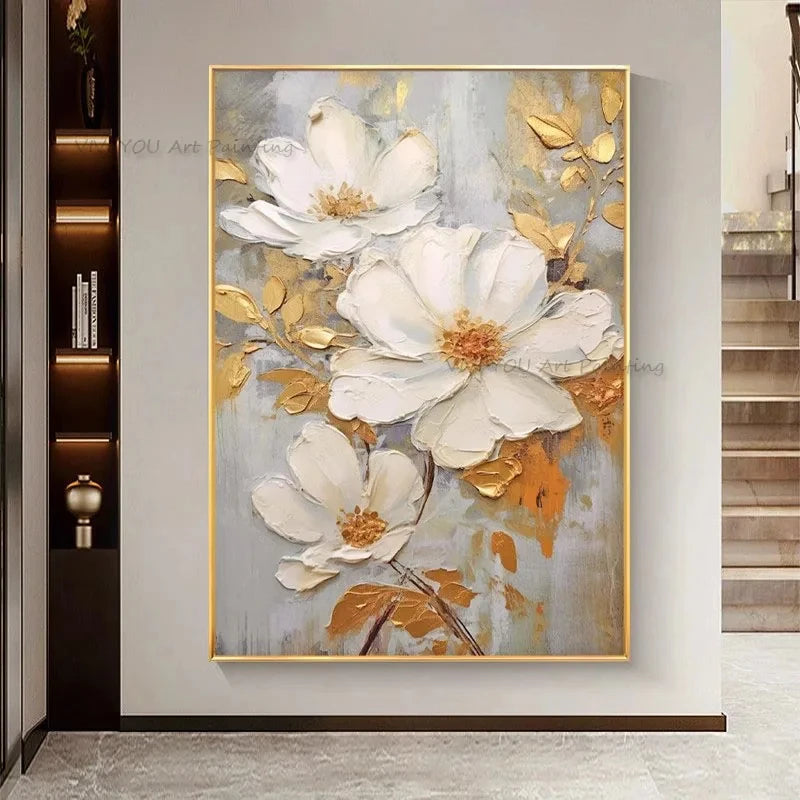 Tableau peinture à l'huile épaisse fleurs blanches abstraites décoration murale luxe - vue 5 sur 11