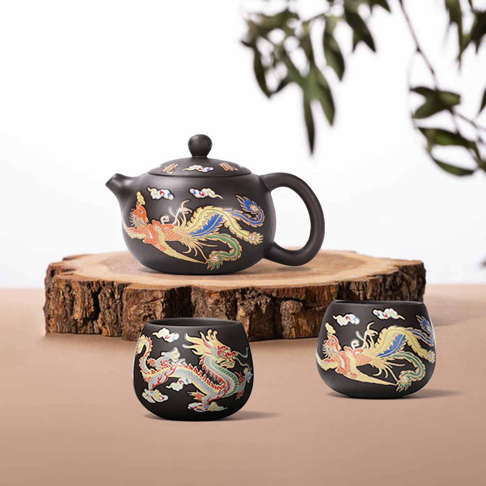 Théière gongfu argile motifs dragons phénix artisanale - vue 5 sur 7
