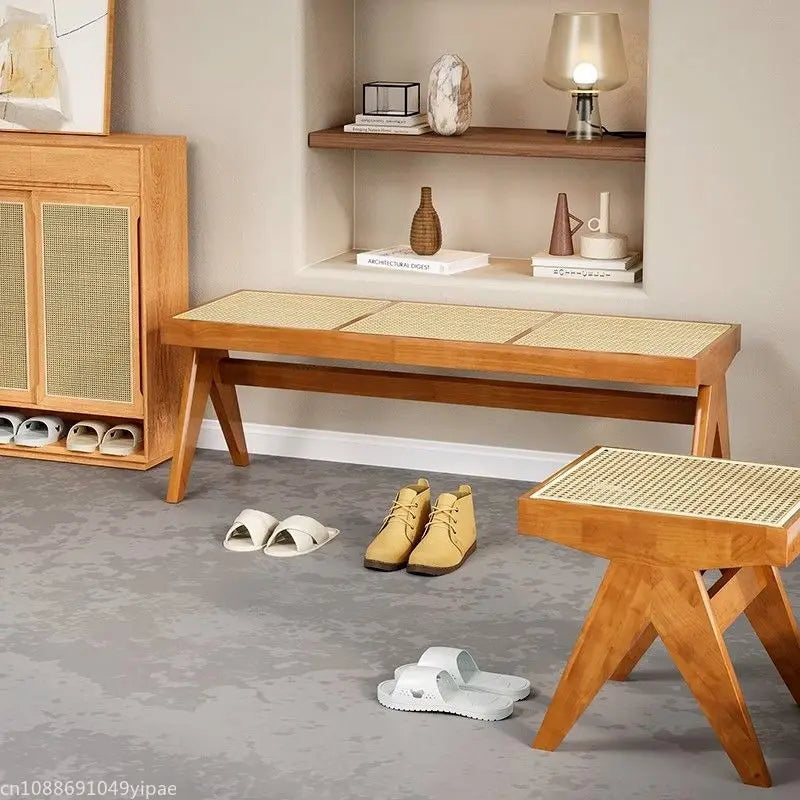banc en rotin massif chaise longue et ottoman rétro polyvalent - vue 4 sur 14