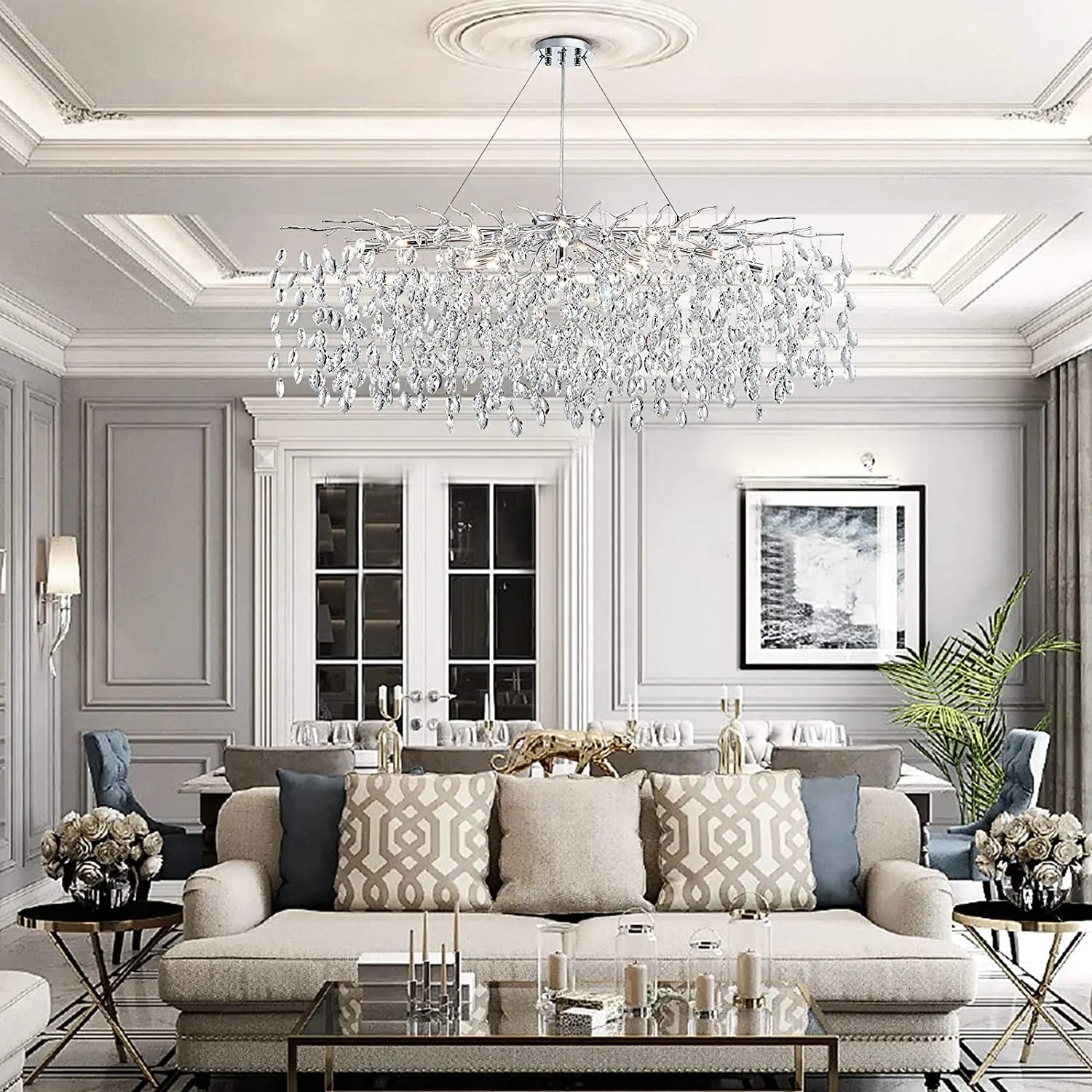 lustre en cristal de luxe avec branches led pour intérieur moderne - vue 6 sur 14