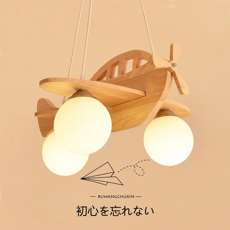 lustre moderne en bois fait main pour chambre enfant décor avion - vue 5 sur 7