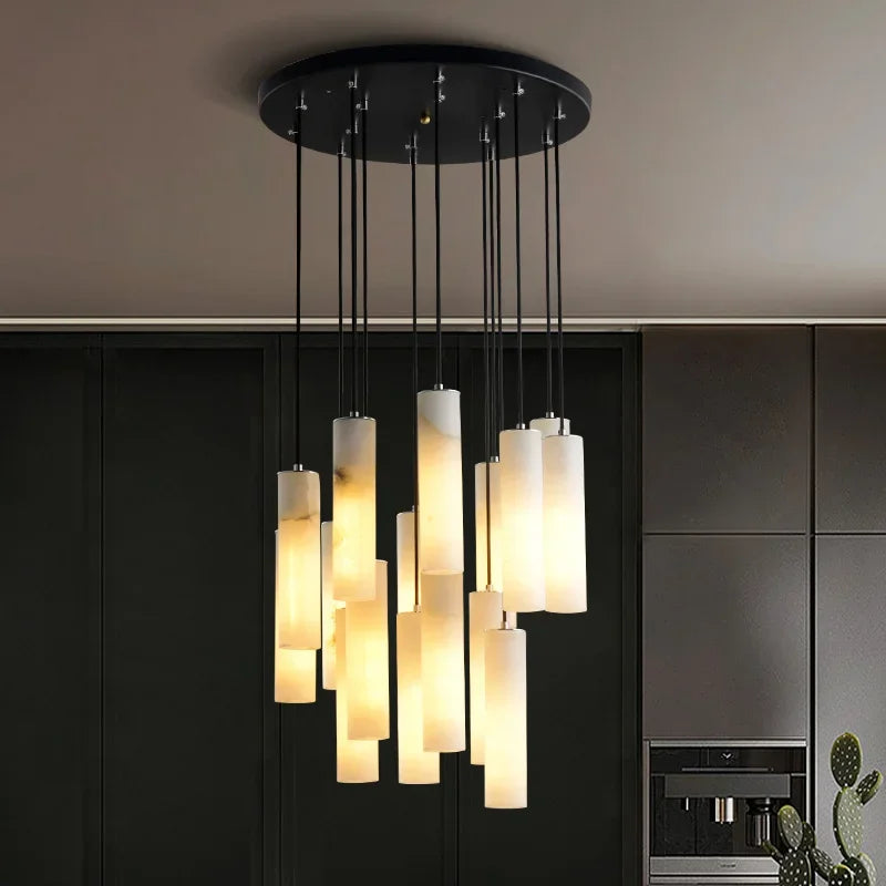 Suspension lustre design avec fil réglable et marbre naturel