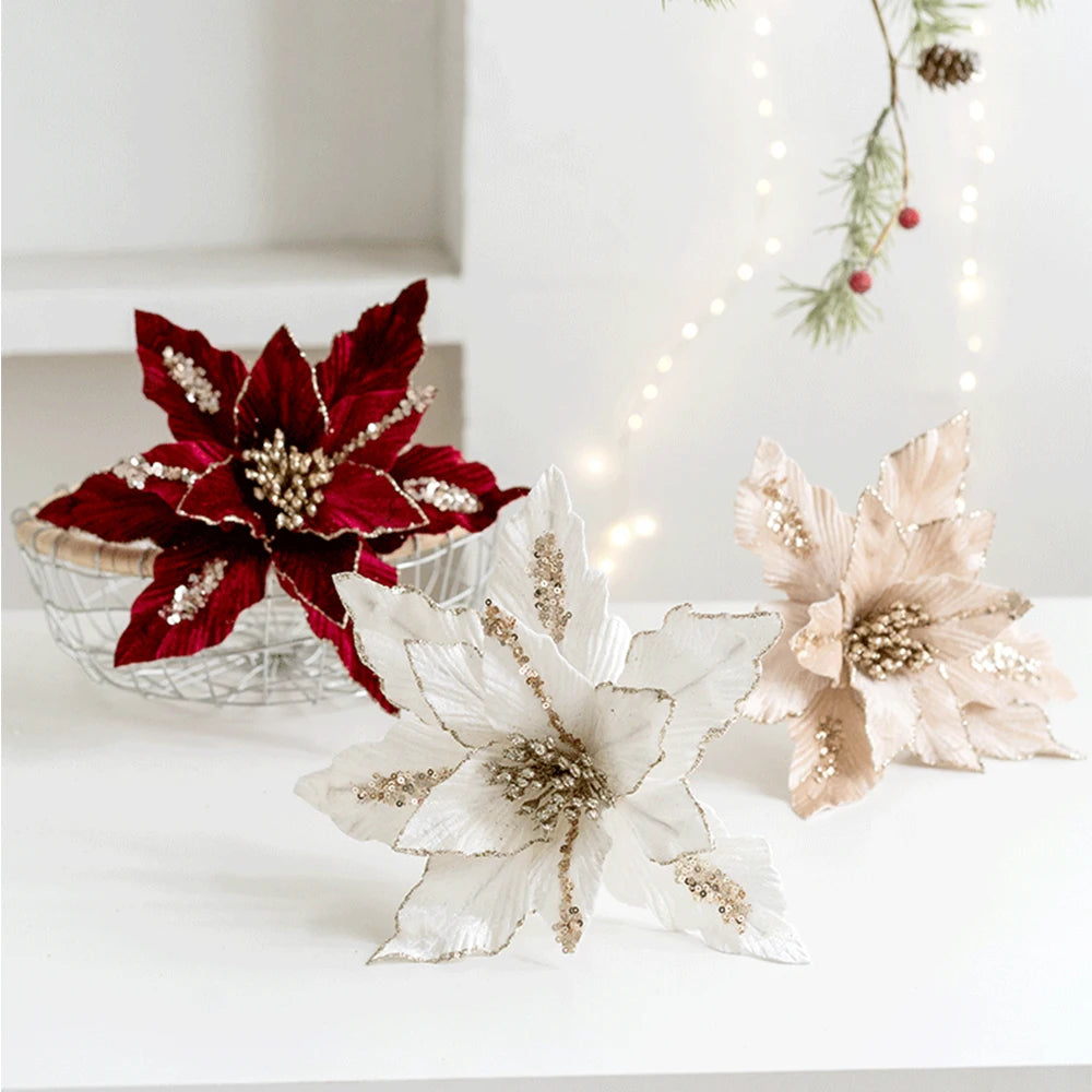 fleur de noël artificielle en velours pailleté décoration festive pour maison - vue 3 sur 12