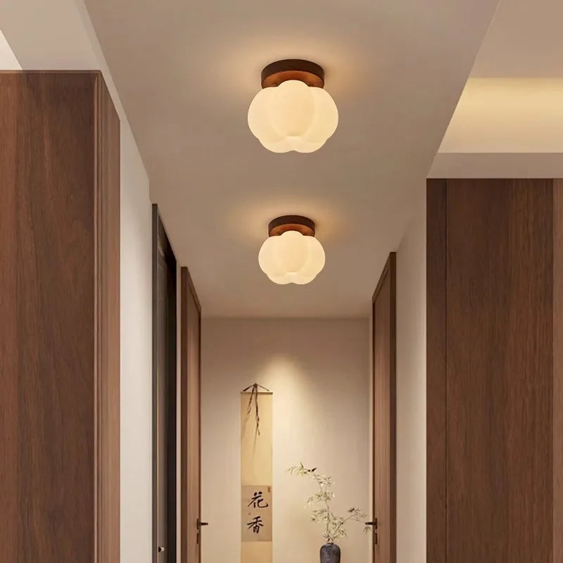 Walnut Wood Roll Molded Pumpkin, Wabi Sabi Modern, Flush Ceiling light fixture for Entrance Hall, Corridor, Balcony, Entrance - vue 3 sur 10