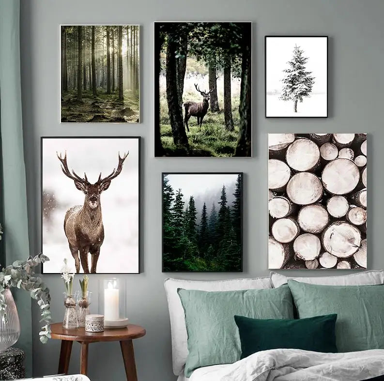 paysage nordique hiver cerf hibou lumière du soleil art mural