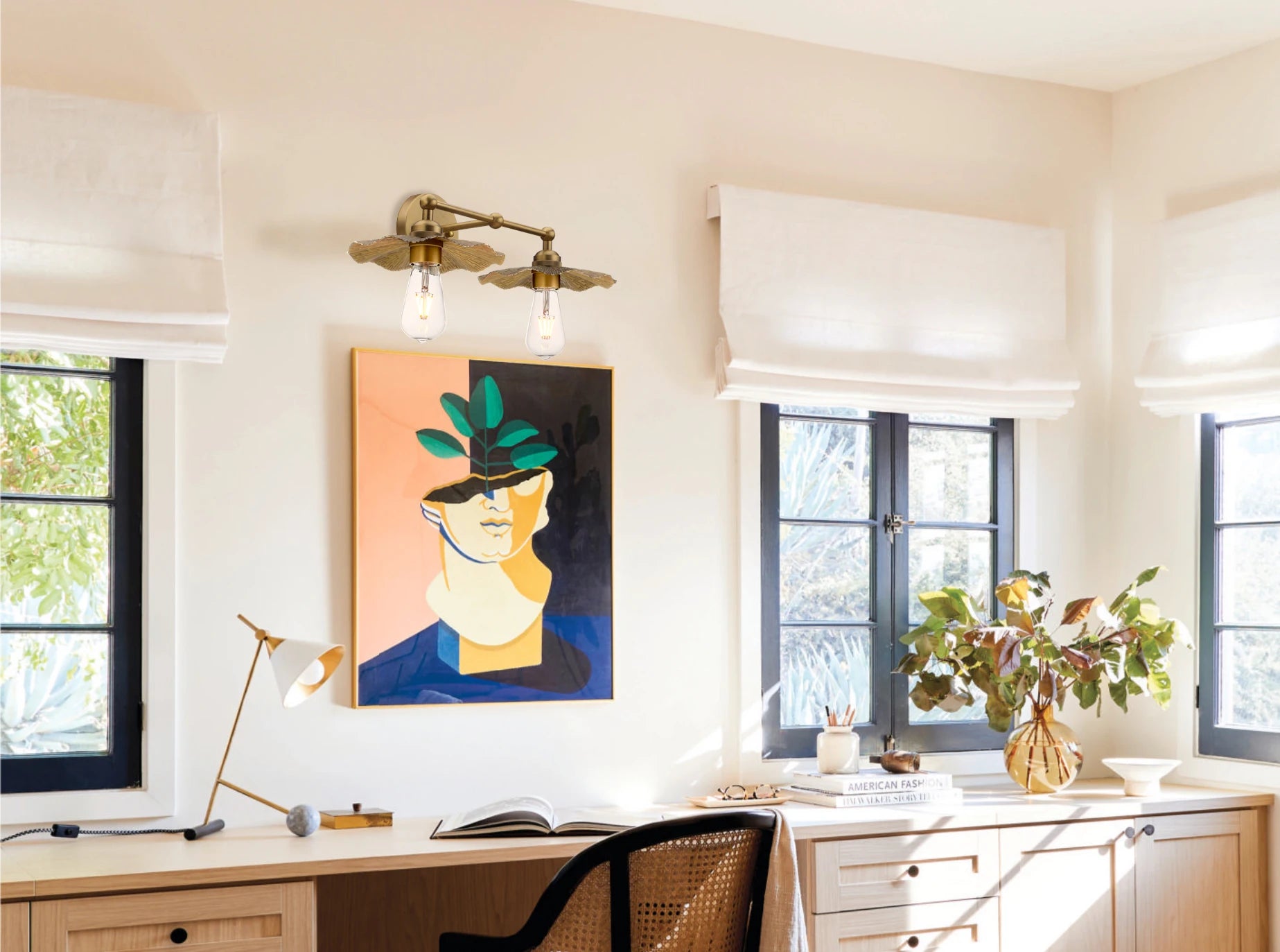 Phansthy 2 Lights Vintage Metal Wall Sconce Brass Finished, Split Flower Design Wall Lamp Fixture,Living Room Hallway Bedside - vue 5 sur 6